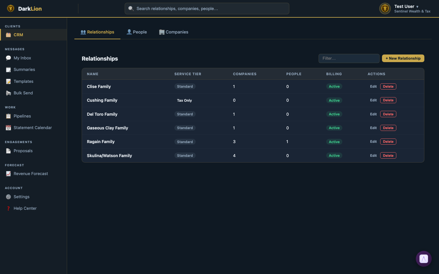CRM showing Relationships, People, Companies with search and filter