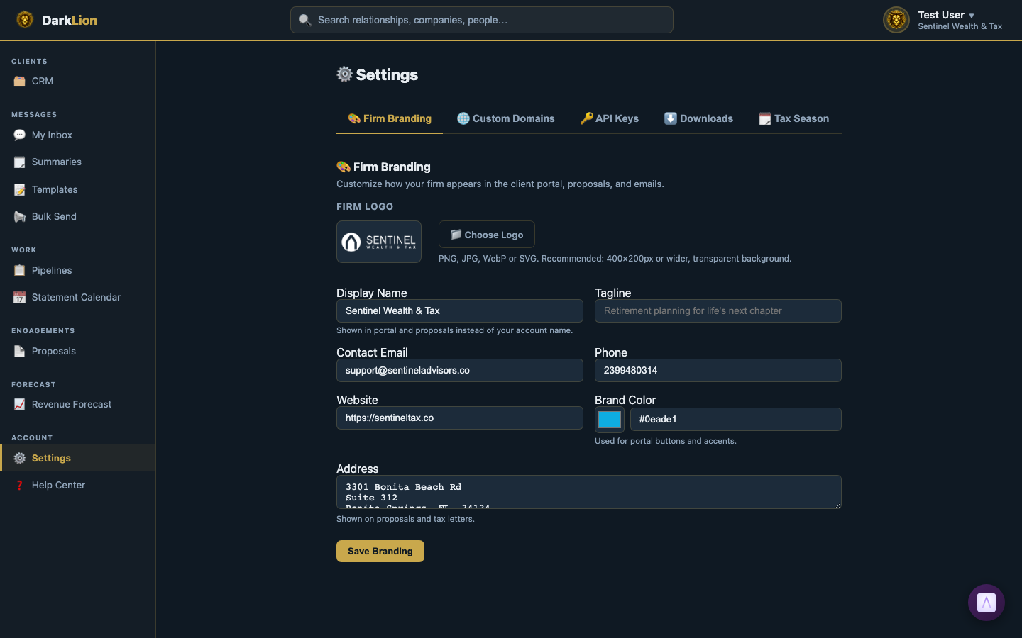 Settings page with firm branding and configuration